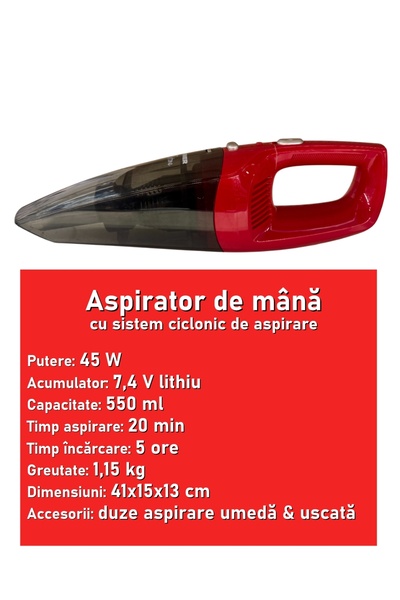 OEM Handheld vacuum cleaner, wet-dry, 45 W power, 550 ml container, 20 min. autonomy, 7.4 V battery