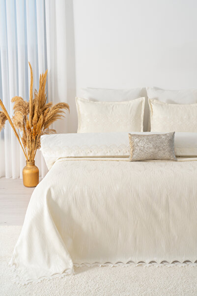 Rivaİstanbul İlay Ecru Embroidered Double Duvet Cover Set - 8 Piece Dowry Set