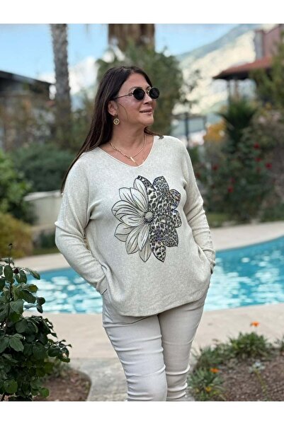 Punta Otantik Yg8024 Floral Patterned Stone Italian Knitwear Blouse Cream