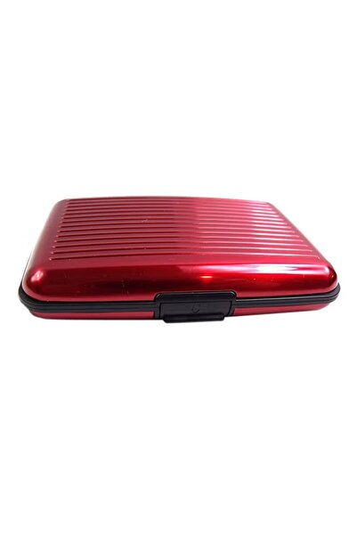 Generic Aluminum card wallet, red, ribbed design, multi-pocket