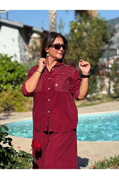 Punta Otantik Nc25446 Italian Velvet Sequin Pants Blouse Set Burgundy