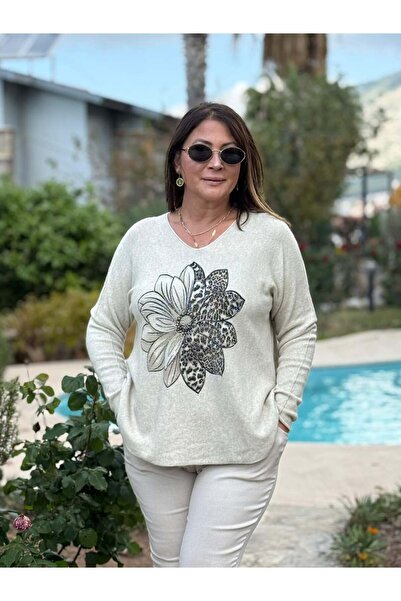 Punta Otantik Yg8024 Floral Patterned Stone Italian Knitwear Blouse Cream