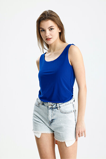 schlank Bluză de damă, albastră, simplă, cu mâneci zero, cu guler, din țesătură Sandy