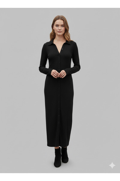 LOTUS BUTİK Midi Boy Siyah Düğmeli Elbise
