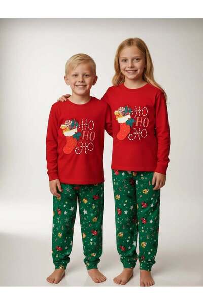 Elidabutik New Year / New Year Unisex Hohoho 100% Cotton Children's Pajamas Set