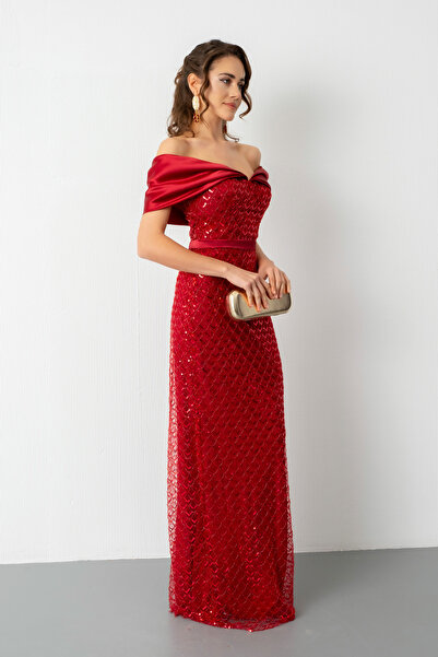 Lafaba Women's Burgundy Collar Organza Detail Sequin Long Evening Dress Elibse