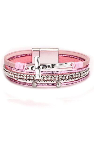 OEM Brățară de damă din piele ecologică cu cristale și pandantiv „blessed”, î...