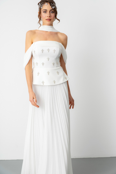 Lafaba Women's White Strapless Neckline Stone Embellished Long Promise Engagement Wedding Evening Dress