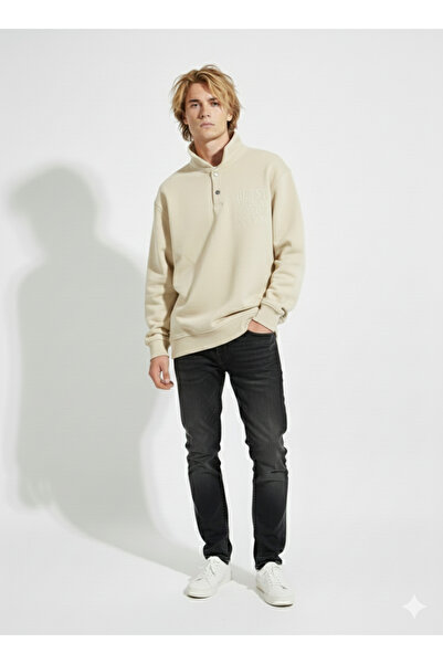 ribana Unisex Regular Double Yarn Soft Textured Buttoned Sweatshirt