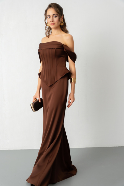 Lafaba Women's Brown Boat Neck Underwire Peplum Cut Satin Evening Dress