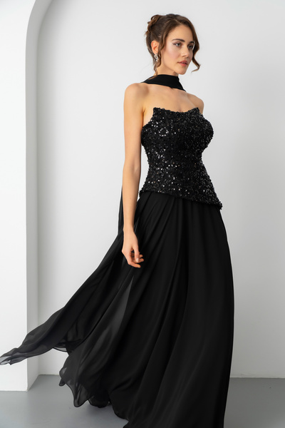 Lafaba Women's Black Strapless Sequin Pleated Long Evening Dress