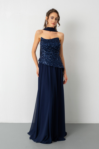 Lafaba Γυναικείο μακρύ βραδινό φόρεμα με παγιέτες σε μπλε ναυτικό χρώμα