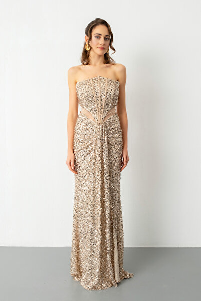 Lafaba Γυναικείο βραδινό φόρεμα μπεζ στράπλες με σκίσιμο