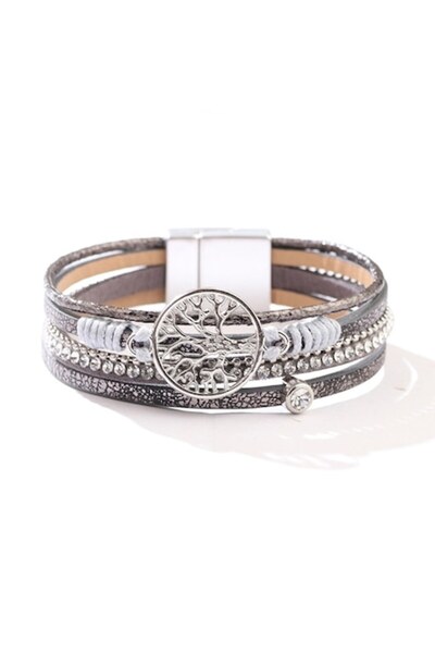 OEM Brățară vegană din piele pentru femei cu cristale și pandantiv copac, înc...