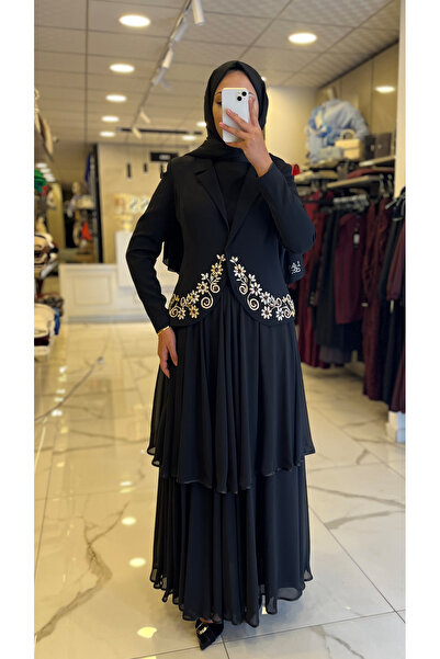 Vosse Gazella Siyah Taş İşlemeli Etekli Şifon Takım