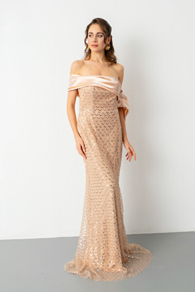 Lafaba Women's Gold Collar Detail Beaded Long Evening Dress