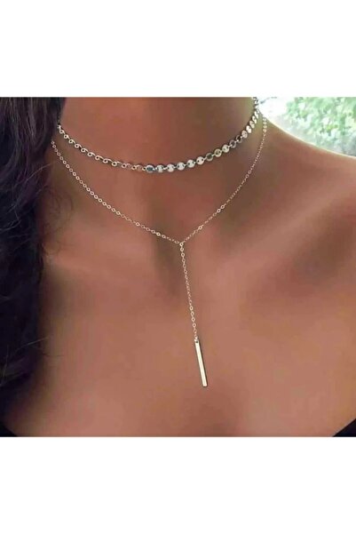 TakıConcept Gümüş Renk Pul Zincirli Künye Uçlu İkili Birleşik Choker Kolye