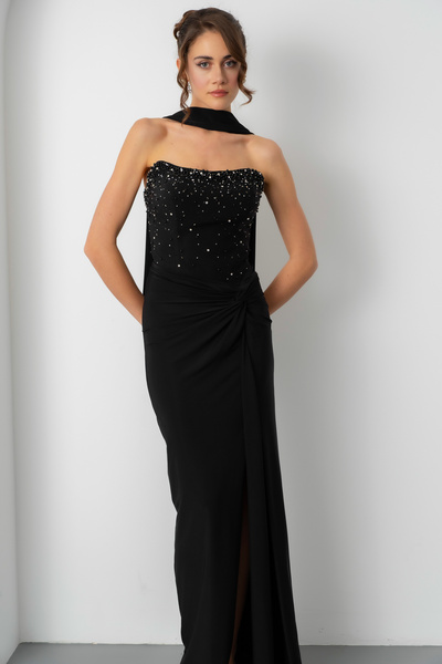 Lafaba Women's Black Shawl Collar Stone Knot Detail Long Evening Dress