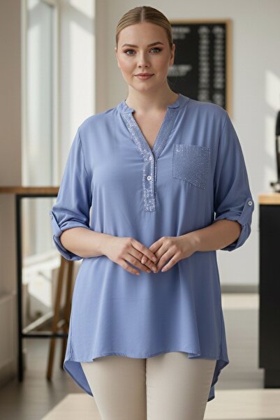 Chiccy Ιταλική μπλούζα μεγάλου μεγέθους μπλε με γιακά δικαστή με κουμπιά μακρυμάνικη μπλούζα με παγιέτες και τσέπες casual υφαντό 72 65