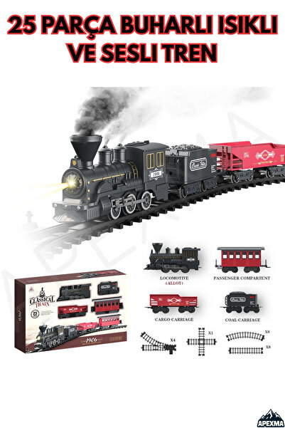 Apexma Oyuncak Işıklı ve Sesli Buhar Atan Retro Model Tren - 25 Parça Raylı Duman Atan Tren Demiryolu Seti