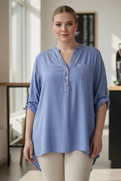 Chiccy Ιταλική μπλούζα μεγάλου μεγέθους μπλε με γιακά δικαστή με κουμπιά μακρυμάνικη μπλούζα με παγιέτες και τσέπες casual υφαντό 72 65