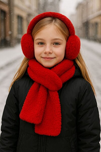 FELLMENS Kırmızı Yumuşak Dokulu Peluş Kız Çocuk Kulaklık ve Boyunluk 2’li Set