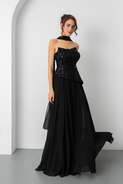 Lafaba Women's Black Strapless Sequin Pleated Long Evening Dress