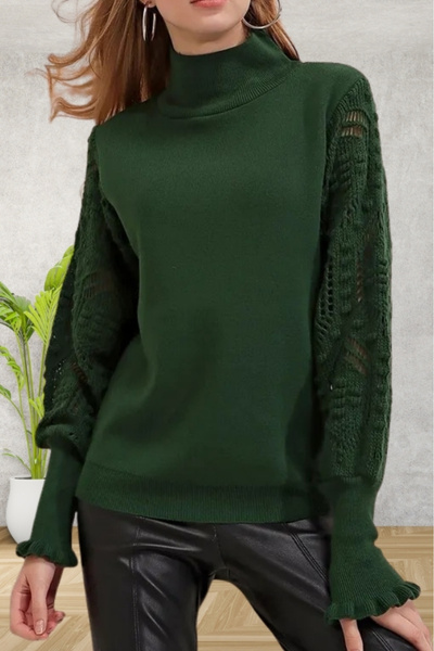hanope Women's Green Half Turtle Sleeve Lace Detailed Sweater