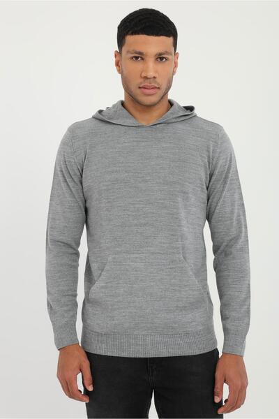 Dufy Gri Kapüşonlu Uzun Kol Slim Fit Erkek Triko