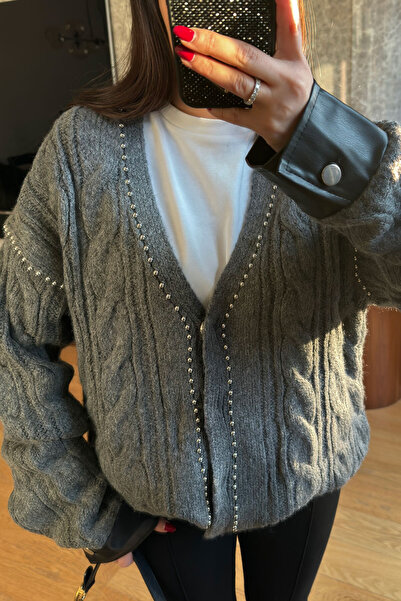 MAGARDE Leather and Metal Beaded Cardigan - Gray