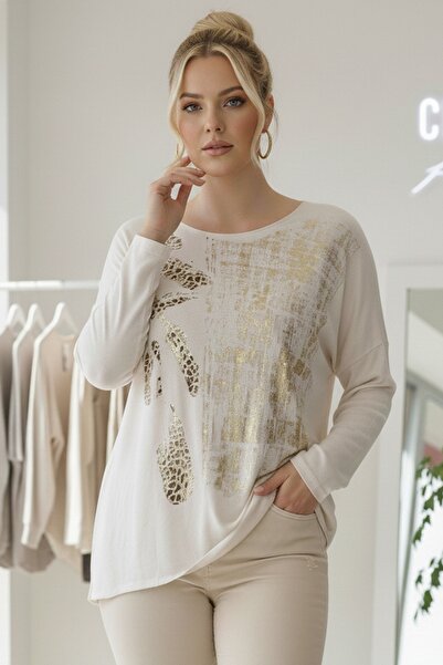 Chiccy Ιταλική μπλούζα μεγάλου μεγέθους μπεζ με λαιμόκοψη μακρυμάνικη Varak B με τύπωμα Casual Knitwear Blouse 70 68