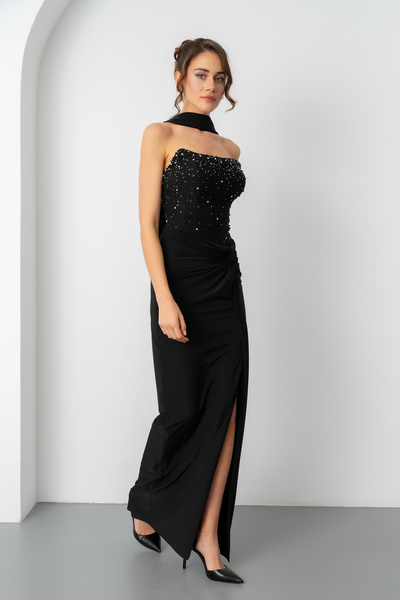 Lafaba Women's Black Shawl Collar Stone Knot Detail Long Evening Dress