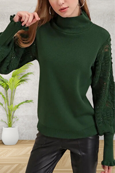 hanope Women's Green Half Turtle Sleeve Lace Detailed Sweater