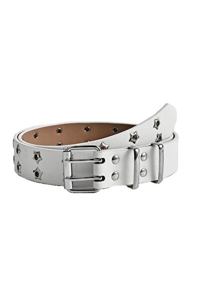 OEM Women's eco-leather belt, punk style with double star holes, white, adjus...