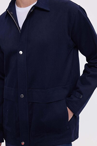 Tudors Men's Relax Fit Comfortable Cut 100% Cotton Double Pocket Zippered Navy Blue Coat Shirt
