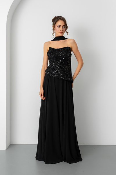 Lafaba Women's Black Strapless Sequin Pleated Long Evening Dress