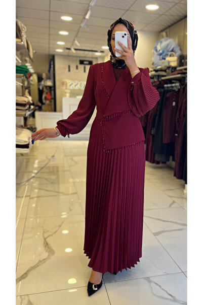 Vosse Moda İlgi Bordo Boncuk Detaylı Piliseli Elbise