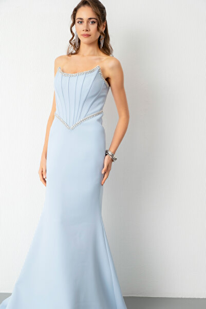 Lafaba Γυναικείο Βραδινό Φόρεμα Νυφικού Αρραβώνα Στράπλες Πέτρινο Πέπλο Στράπλες Μπλε Βραδινό Φόρεμα