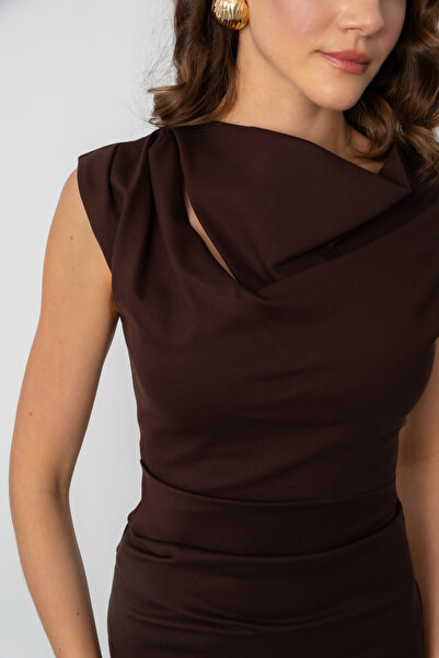 Lafaba Дамска кафява рокля с детайли на яката, подходяща за парти