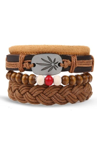 OEM Set of leather bracelets with leaf pendant, adjustable, unisex, brown