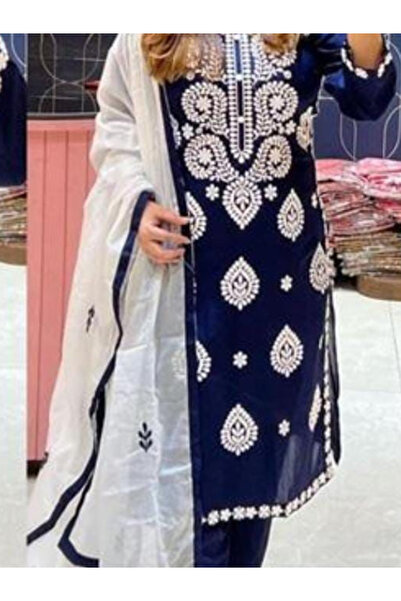 MYSMAR Blue Rayon Cotton Salwar Kameez Dupatta - FFT1657 | Blue