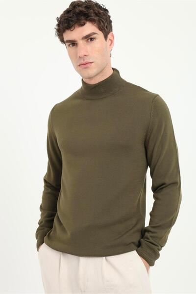 Dufy Men's Slim Fit Half Turtleneck Khaki Knitwear