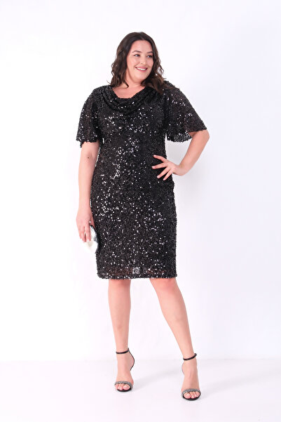 Lafaba Women's Black Degaje Collar Sequin Plus Size Evening Dress