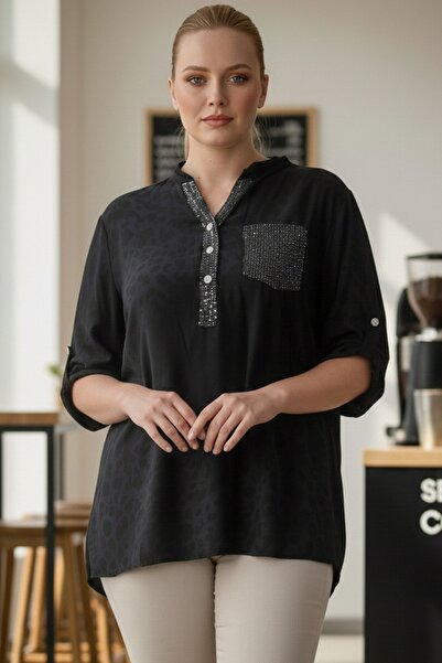 Chiccy Italian Plus Size Black Judge Collar Buttoned Long Sleeve Sequin Pocket Casual Woven Blouse 72 65