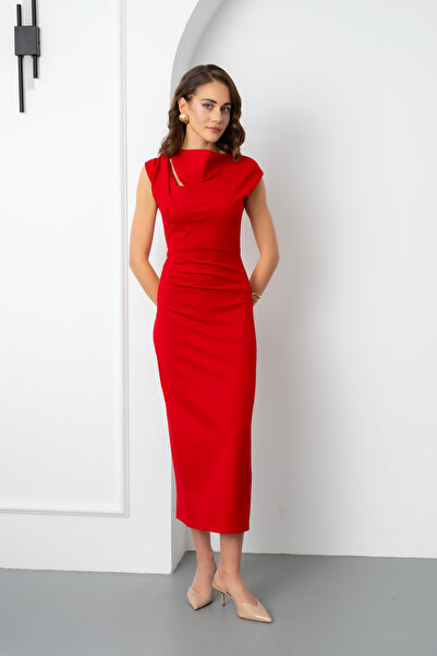 Lafaba Women's Red Collar Detail Midi Event Dress