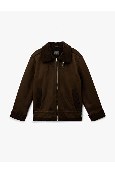Koton Long Sleeve Pocket Zipper Plush Collar Faux Suede Jacket