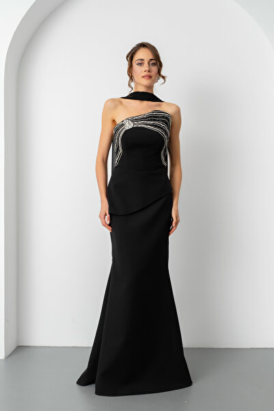 Lafaba Kadın Siyah Straplez Taşlı Uzun Balık Abiye Elbise