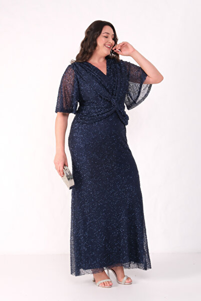 Lafaba Γυναικείο βραδινό φόρεμα με κοντό μανίκι με λαιμόκοψη σε μπλε ναυτικό και κέντημα με χάντρες