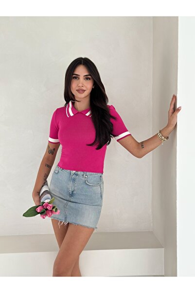 LAVRE Πλεκτή μπλούζα με λεπτομέρεια ρίγες, γιακά πόλο και κοντά μανίκια