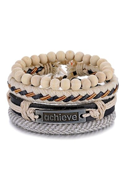 OEM Set of leather bracelets with 'achieve' pendant, adjustable, unisex, beige